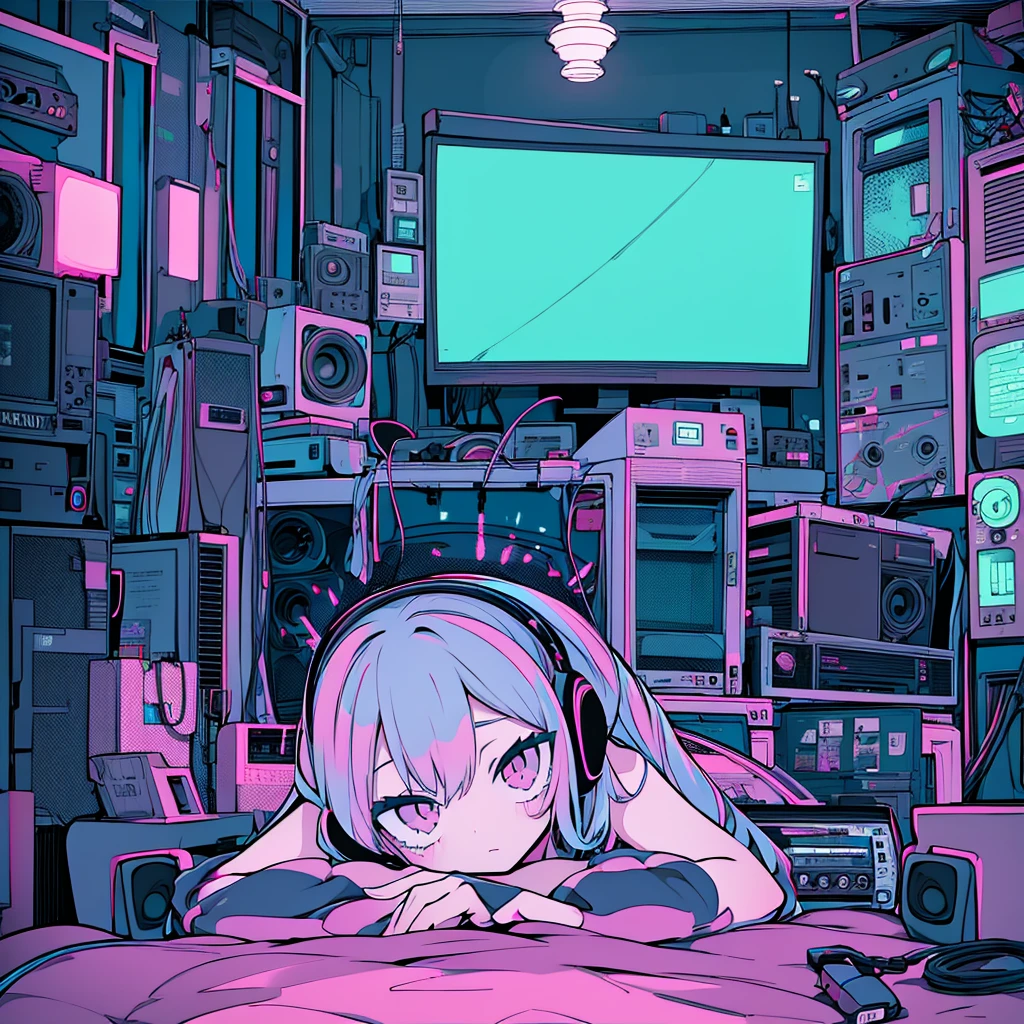 Best quality, (masterpiece), best detail face,1 girl, big breasts, 18 yo, 8k,absurdres,unity 8k wall paper,(extremely detailed:1.3), highest realistic, (retro headphones:), (soft neon light:), (psychedelic), Her room full of music equipment and plants, Light clothing in summer, See the whole room, She is leaving the room, natural color palette
