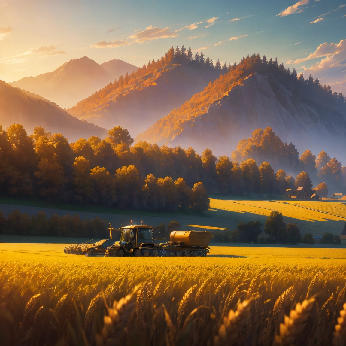 Masterpiece, best quality, (very detailed CG unified 8k wallpaper) (best quality), (best illustration), (best shade) nature harvest wheat, super meticulous --v6, people working in the fields