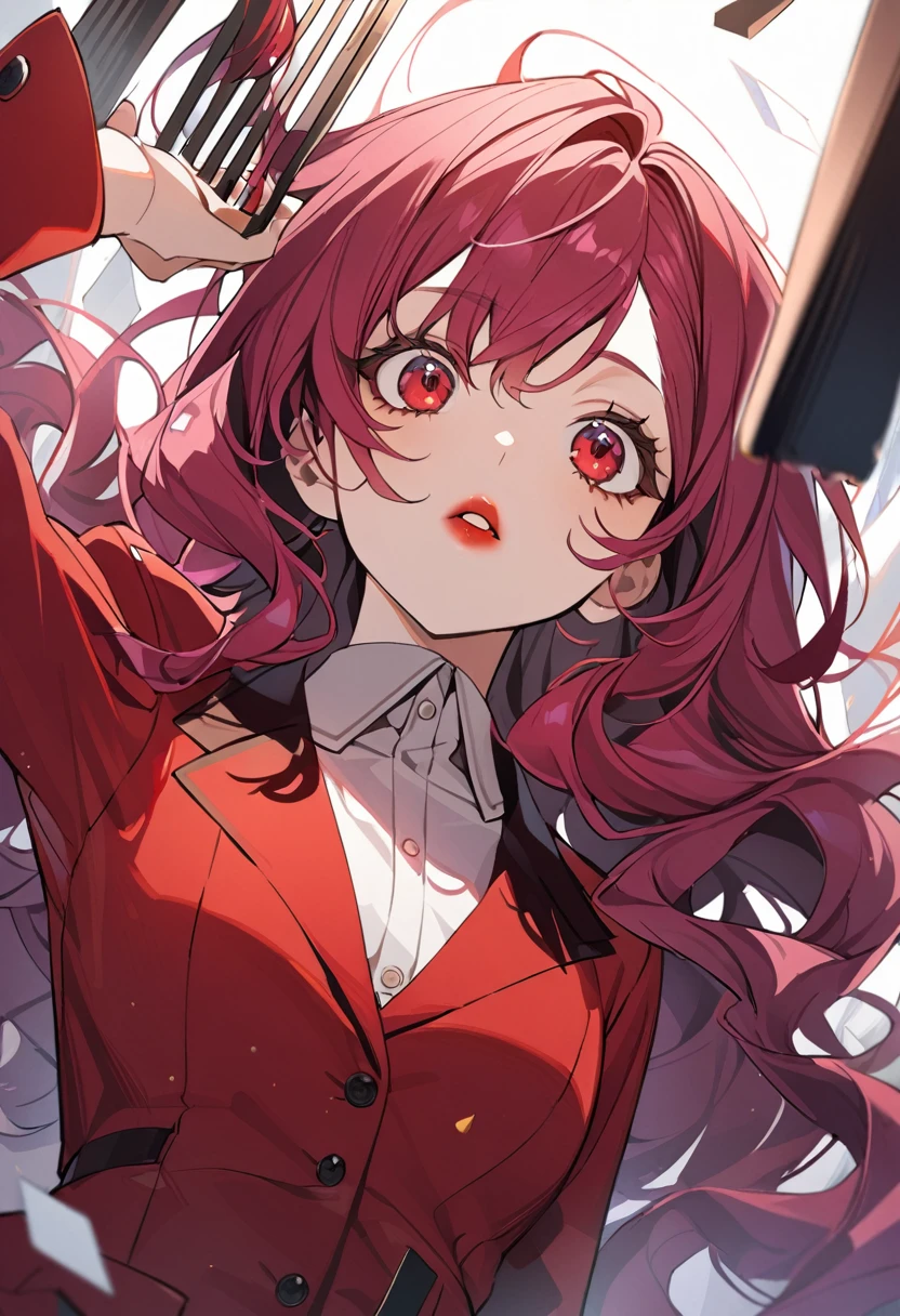 1girl, reddish purple hair colour, long wavy hair, dark red eyes, black eyeliner, red lipstick,dark red suit ,Composition looking up from below,comb hair,