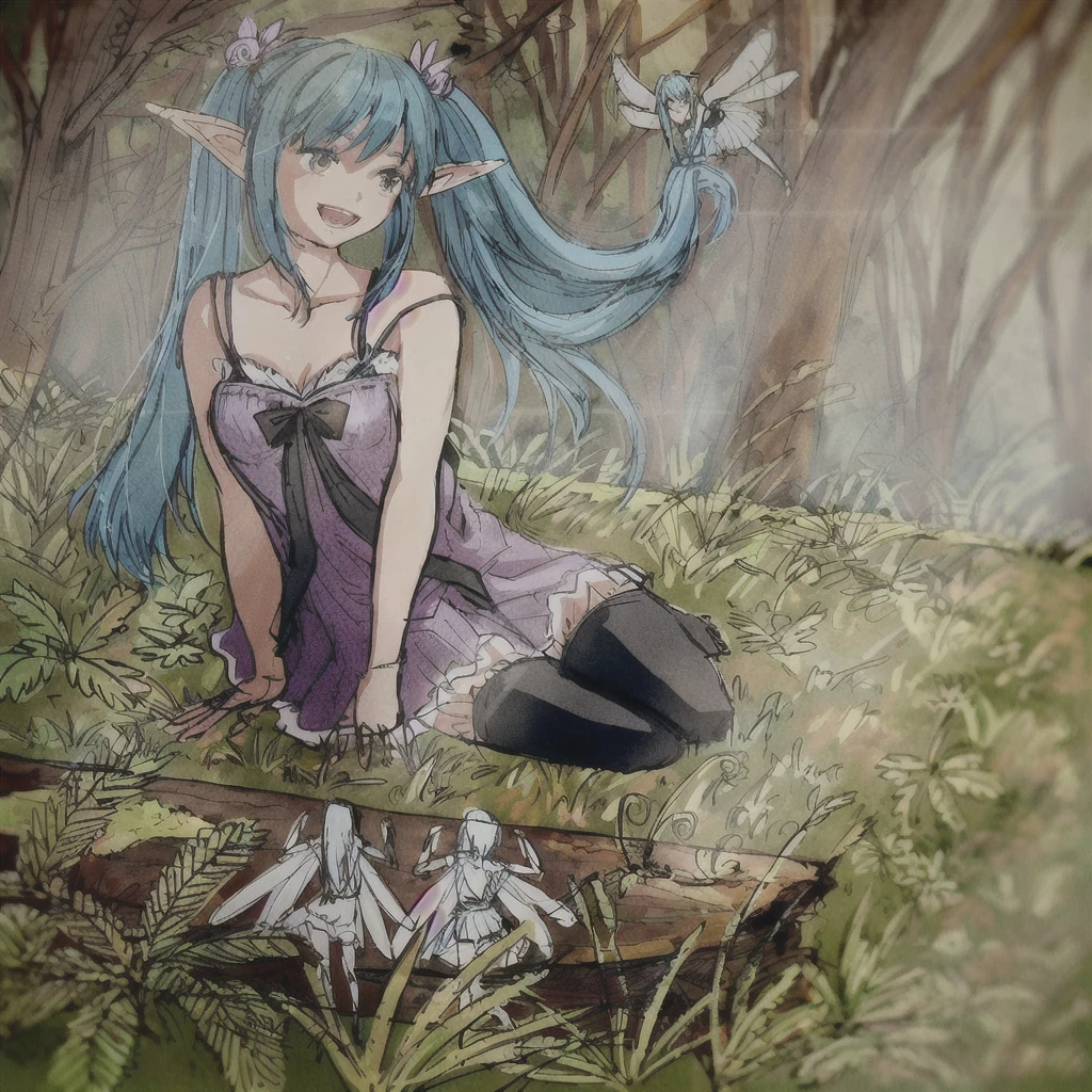 Blue haired anime girl sitting on a log in the forest, Elf Girl, Fantasy-style anime, In the glades of the forest, Forest Fairy, Forest Fairy, elf forest background, Elf Princess, pixiv Contest Winner, Anime fantasy illustration, Realistic anime art style, Blue Elf, Smiling like a fairy queen, Fairy Priestess, Morrigan Aensland
