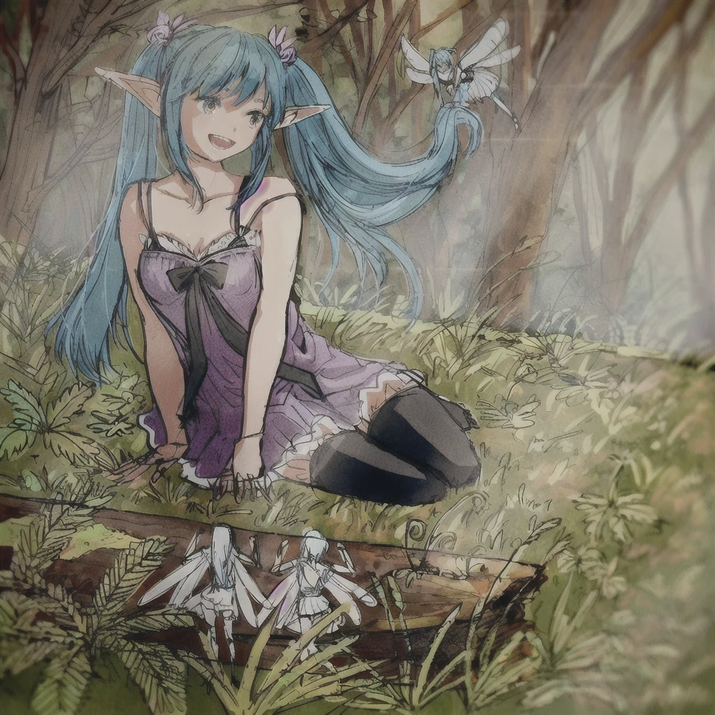 Blue haired anime girl sitting on a log in the forest, Elf Girl, Fantasy-style anime, In the glades of the forest, Forest Fairy, Forest Fairy, elf forest background, Elf Princess, pixiv Contest Winner, Anime fantasy illustration, Realistic anime art style, Blue Elf, Smiling like a fairy queen, Fairy Priestess, Morrigan Aensland