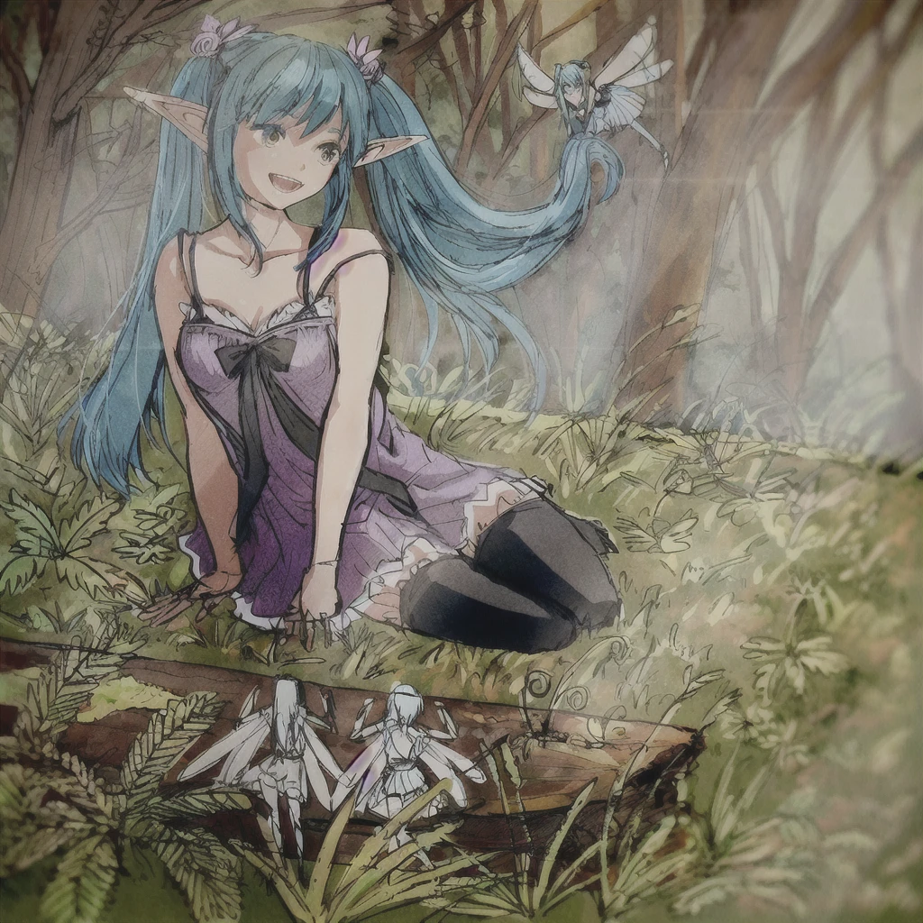 Blue haired anime girl sitting on a log in the forest, Elf Girl, Fantasy-style anime, In the glades of the forest, Forest Fairy, Forest Fairy, elf forest background, Elf Princess, pixiv Contest Winner, Anime fantasy illustration, Realistic anime art style, Blue Elf, Smiling like a fairy queen, Fairy Priestess, Morrigan Aensland