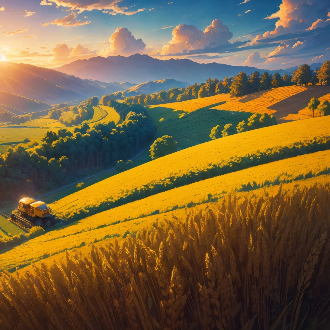 Masterpiece, best quality, (very detailed CG unified 8k wallpaper) (best quality), (best illustration), (best shade) nature harvest wheat, super meticulous --v6, people working in the fields