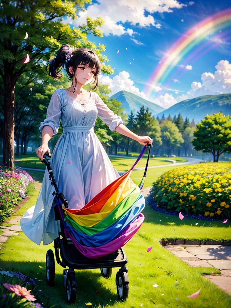 Highest quality,Highest Resolution,A woman walking along a green path with falling flower petals, pushing a stroller,Rainbow on background,