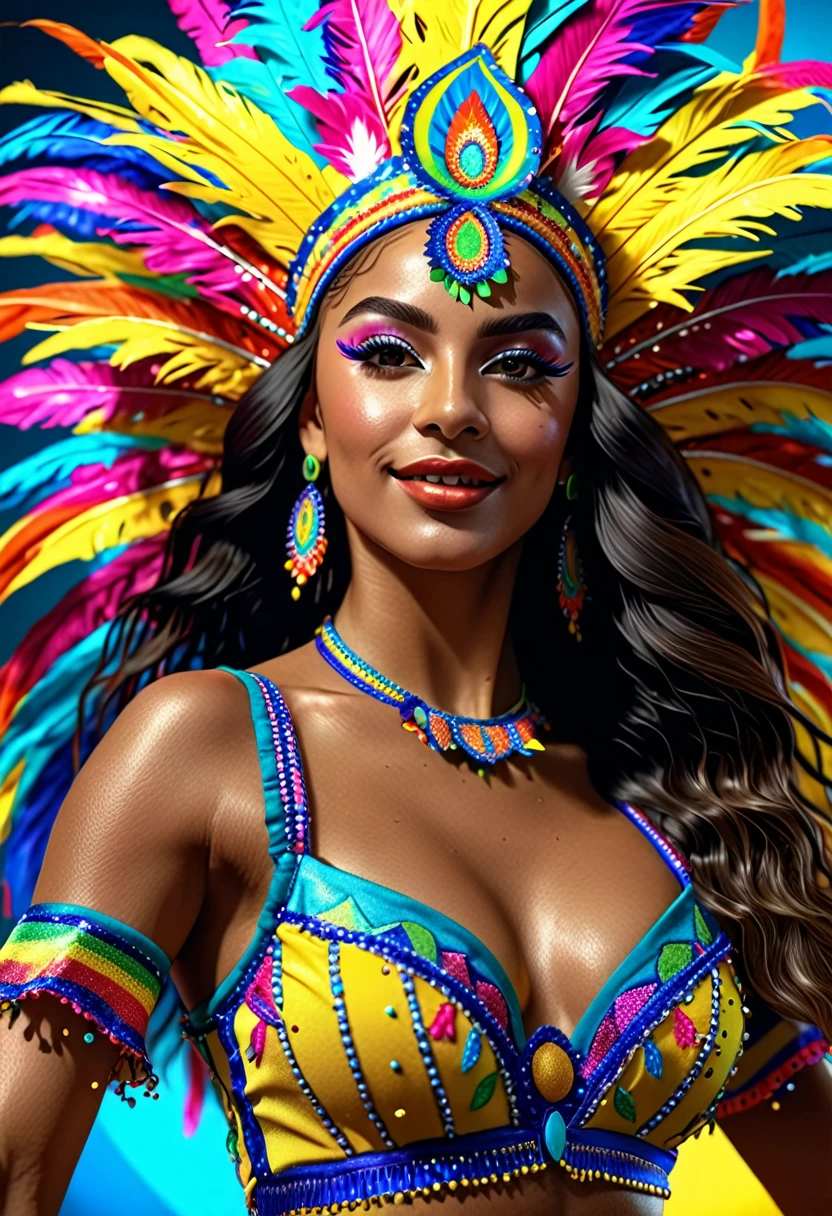a beautiful brazilian dancer, detailed facial features, long hair, colorful carnival costume, dancing dynamic pose, vibrant colors, cinematic lighting, 8k, highly detailed, photorealistic