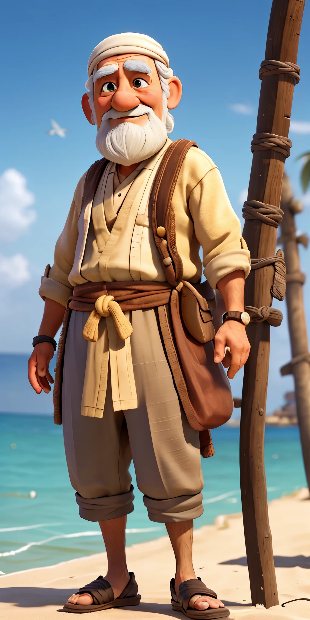 In the time of ancient Arab princes, an elderly fisherman with a weathered face stands on a bustling beach at noon. His simple, tattered clothes contrast with the vibrant, sunlit sea behind him. He prepares to cast his fishing net into the shimmering water. The scene is in 3D cartoon style, reminiscent of Pixar, capturing the intricate details of his movements and the lively, colorful environment.