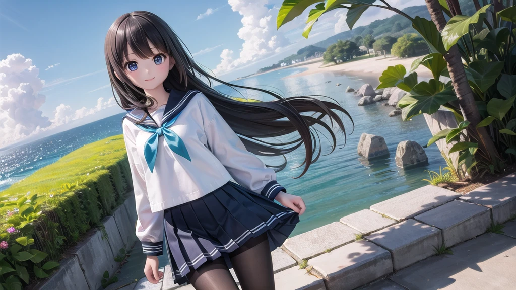 (masterpiece), town, blue sky, One Girl, Place the person on the right, smile, alone, Sailor suit、Long skirt, Overgrown, petal, plant、Skirt lining、Translucent slip、nostalgic、Black Pantyhose、I can see the ocean in the distance, Crotch close-up