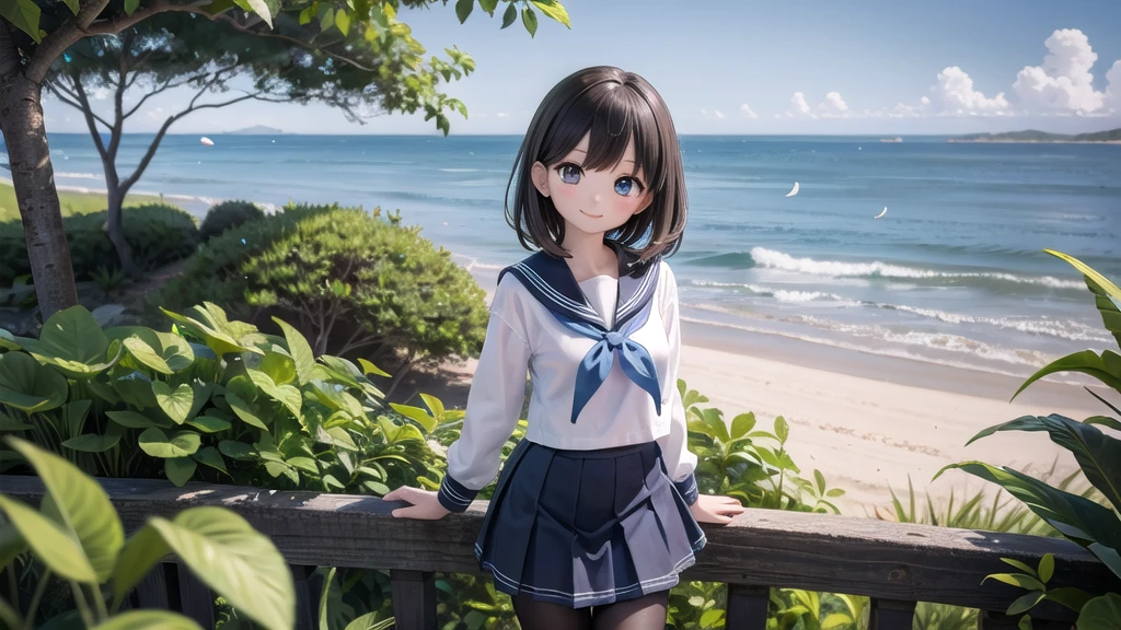 (masterpiece), town, blue sky, One Girl, Place the person on the right, smile, alone, Sailor suit、Long skirt, Overgrown, petal, plant、Skirt lining、Translucent slip、nostalgic、Black Pantyhose、I can see the ocean in the distance, Crotch close-up