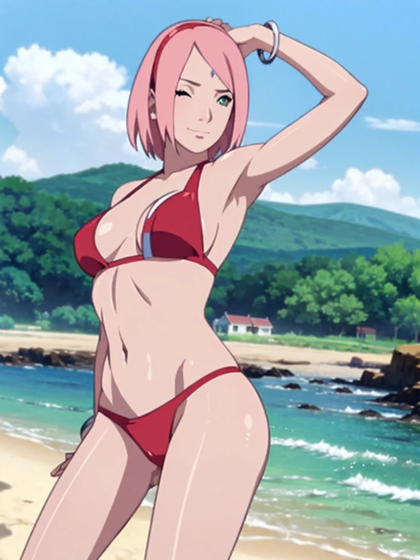 masterpiece, 4k, portrait, cowboy shot, professional artwork, detailed beach background, intricate details, colorful, digital blending, (ultra detailed body, ultra detail hair, ultra detail face), trending on pixiv, kind smile, best quality, anime style: 1.9, 1girl, hires, haruno sakura, (forehead mark, milf, red hairband, pale skin, small breasts, short hair, ((red micro bikini top, bikini top only), panties), (navel, belly button, bracelet, pink hair, closed mouth, big eyes), smile, beach, wind, floating hair, detailed arms, off-shoulders, broad shoulders, slightly muscular arms, (dirty armpits, armpit pocket), standing, winking, one eye closed)((((sexy pose))))
