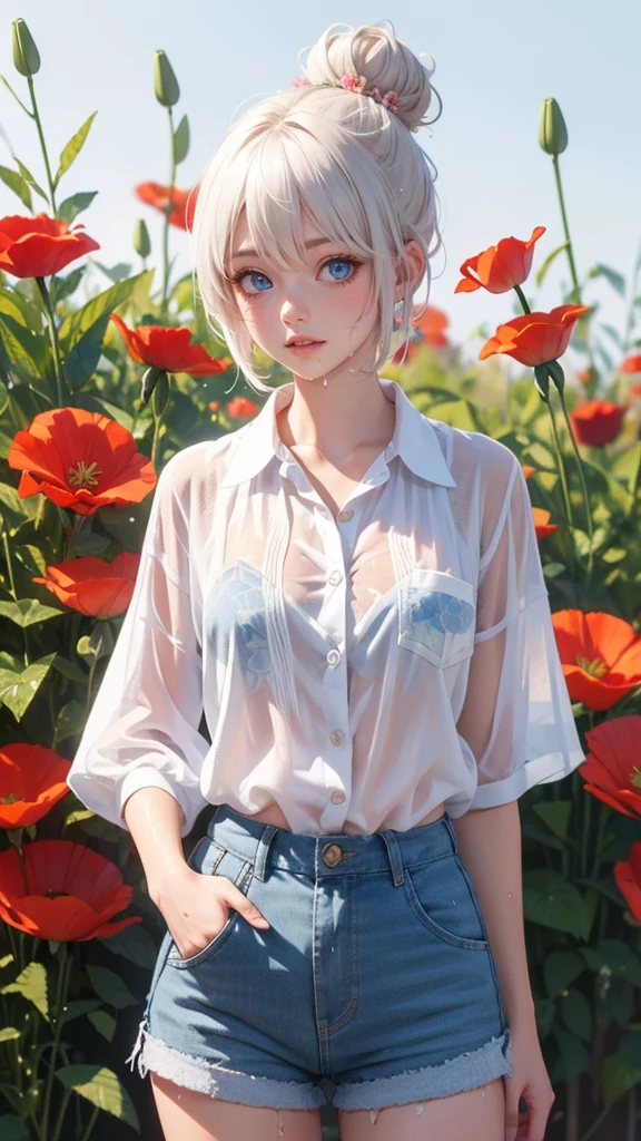 1cute boy,beautiful detailed eyes,beautiful detailed lips,extremely detailed eyes and face,longeyelashes,white hair,blue eyes,short hair in bun with flowers,shorts,surrounded by flowers,lilies,roses,poppies,wet clothing,little, little waist,no bust,blushing cheeks,4k wallpaper,high quality render,super detailed render,2D,super detailed,high quality,4k,HD,high quality hair