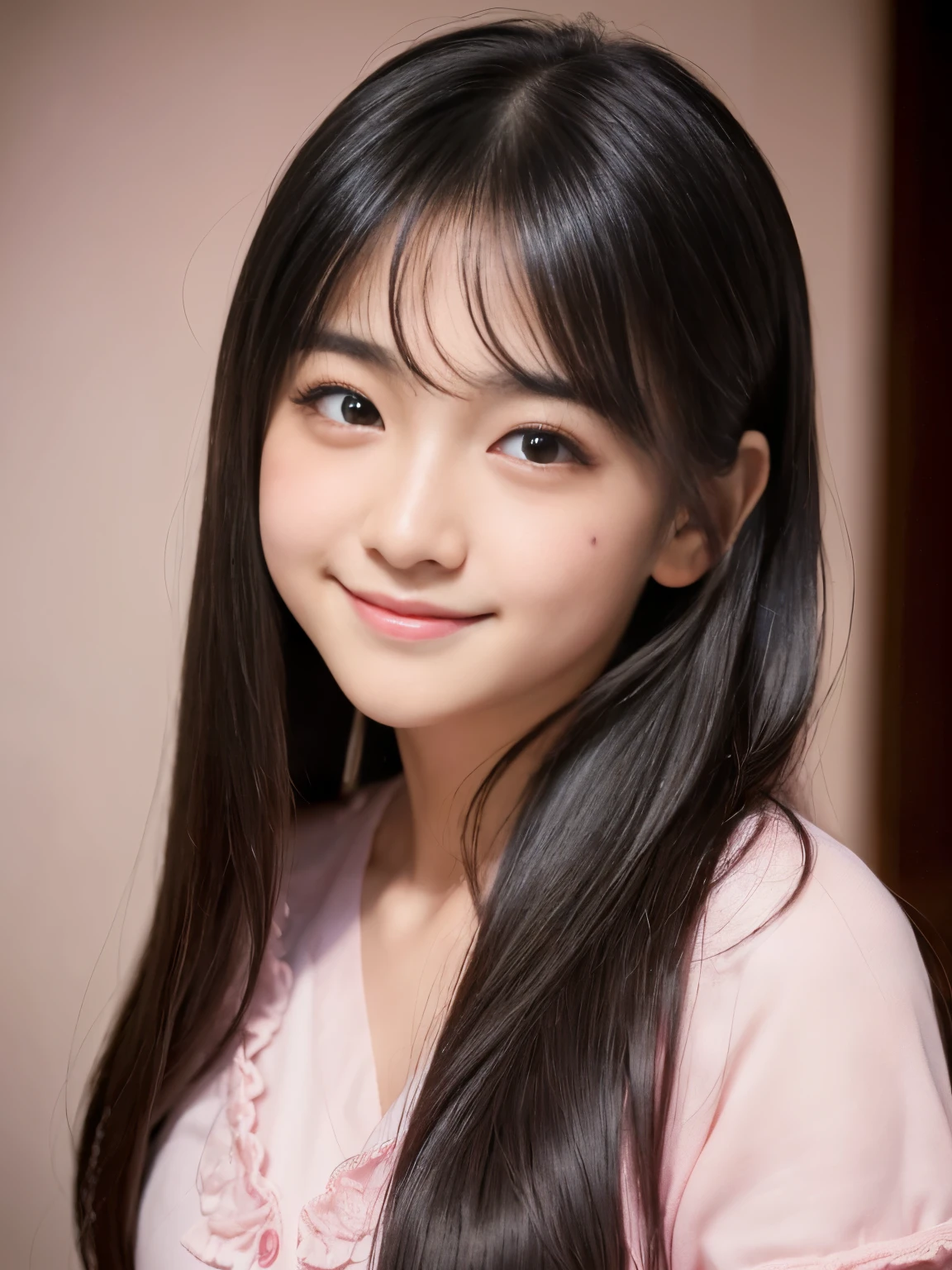 (Best-quality, Masterpiece, Ultra-High-Resolution, (Photorealistic:1.4), Raw Photo, depth of field, professional lighting, perfect anatomy, extremely details), 1girl, 15-years-old, the most famous Japanese idol, in bedroom, wearing light-pink short-sleeves-pajamas with cute-design, (extremely cute face like the most popular Japanese idol, ((extremely cute and extremely big black-eyes)), extremely beautiful black-long-hair, extremely beautiful long-eyelashes, extremely beautiful lips), (((extremely beautiful and extremely realistic skins))), extremely beautiful body, looking at viewer, ((embarrassed, blush, shy-smile):1.4)
