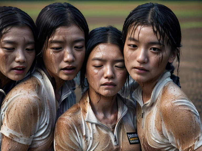 (A plain white short sleeved dirt stained field hockey uniform with a very tight white half zip:1.7)、(A large, dirt-stained, white, square collar: 1.6)、(Red clay ground:1.5)、My hair is wet and messy、(Beautiful Japanese woman covered in dirt:2.2)、Highest quality, masterpiece, Ultra-high resolution, Photorealistic, Raw Photos,Detailed face,(Muscular woman:1.4), (Fastener open: 1.8), (Upper body zoom up:1.0),(Everyone wears the same clothes:1.0), All members are super beauties, (Group photo of beautiful Japanese women huddled together: 1.7), (Hair tied up: 1.4), (Exhausted expression:2.1), Bright photo, (My whole body is drenched in rain: 1.7), (Covered in mud and earth: 1.4)
