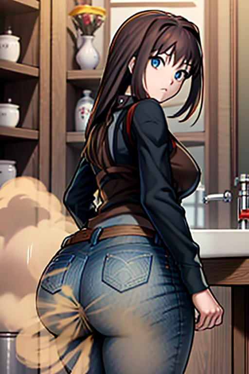 masterpiece, 最高masterpiece, High Resolution, One girl, pooping, right, long hair, brown hair, black shirt, red dress, long sleeves, black pantyhose, Aozaki Aoko, farting, Ass, hyper Ass, huge Ass, jeans,