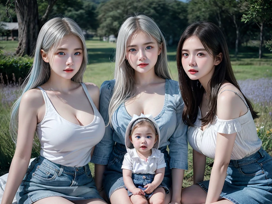 (3 girls), Indonesian baby face, 12 years, white skin, Round breast, blue eyes, meadow, silver hair, 8K, The details are very realistic....., The best of photography Wear a jeans skirt..... ((round chest)