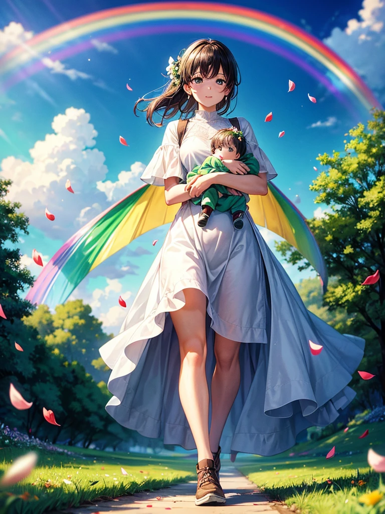 Highest quality,Highest Resolution,A woman walking along a green path with falling petals, holding a baby,Rainbow on background,