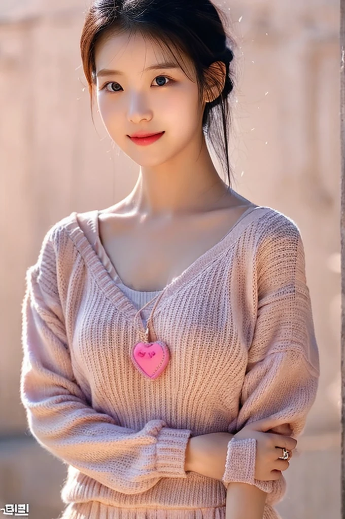 (a close-up of a 21-year-old Korean woman),
(Confident: 0.7), (cute attire: 1.1), (Petite stature: 0.8), (heart shaped face), (Beautiful doe eyes: 1.2), (Soft, small lips: 0.9), (Cute Stylish outfit: 1.9), (cute outfit: 1.0), (Pastel pink color: 0.8), (Hint of sexiness: 0.6). (Mischievous smile: 0.5), (Lively campus background: 0.7), (Secret Journal in hand: 0.6), (Determined expression: 0.9). (Vulnerable look: 0.4), (Subtle emotional depth: 0.35), (dlwlrma: 0.4), (Cinematic realism: 1.3), (Nikon D850 camera: 1.0), (Film stock photograph: 0.9), (Saturated colors: 1.1). (Hyper-realistic lighting: 1.2).
