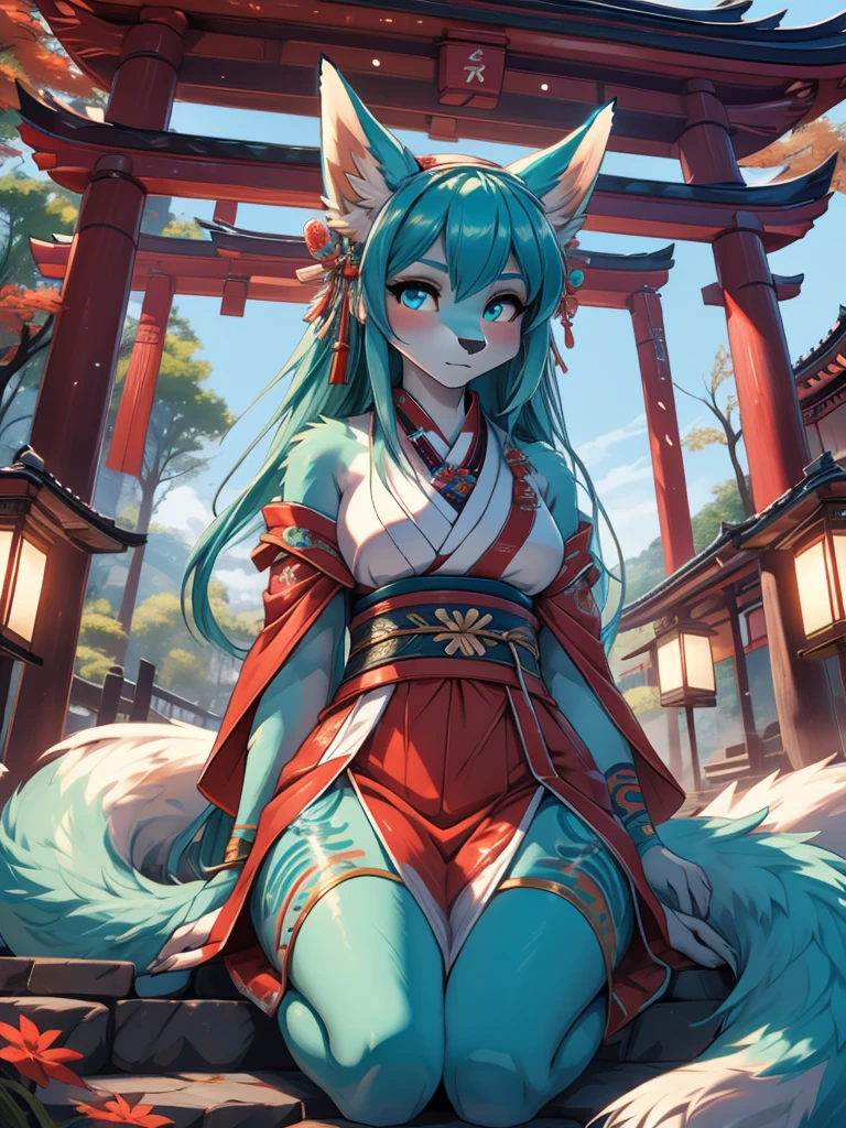 Miku Hatsune, high definition add_detail:1, blue fur,kitsune ears, tribal tattoo add_detail:1, pretty girl add_detail:1, feudal priestess clothing add_detail:1, japanese shrine landscape add_detail:1, japanese shrine costume add_detail:1, add_detail:1, full body add_detail, highly detailed face, deep aqua iris add_detail:1