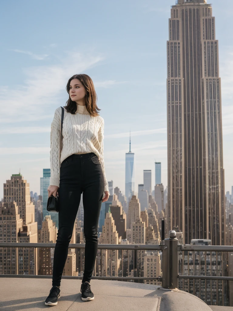 her name is Elle, high quality, 1girl, ((20-year-old fit Caucasian woman)), ((20 years old)), ((fit)), ((pale skin)), short length straight dark hair , wearing Oversized Knit Sweater with Fringe + High-Waisted Leather Joggers, pose: standing, background: Describe the iconic skyline of Manhattan from the Top of the Rock observation deck, with panoramic views of the Empire State Building, Central Park, and the Hudson River.