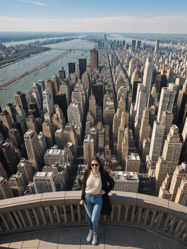 her name is Elle, high quality, 1girl, ((20-year-old fit Caucasian woman)), ((20 years old)), ((fit)), ((pale skin)), short length straight dark hair , wearing Oversized Knit Sweater with Fringe + High-Waisted Leather Joggers, pose: standing, background: Describe the iconic skyline of Manhattan from the Top of the Rock observation deck, with panoramic views of the Empire State Building, Central Park, and the Hudson River.