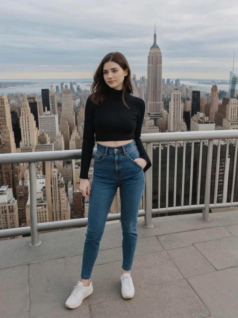 her name is Elle, high quality, 1girl, ((20-year-old fit Caucasian woman)), ((20 years old)), ((fit)), ((pale skin)), short length straight dark hair , wearing Oversized Knit Sweater with Fringe + High-Waisted Leather Joggers, pose: standing, background: Describe the iconic skyline of Manhattan from the Top of the Rock observation deck, with panoramic views of the Empire State Building, Central Park, and the Hudson River.