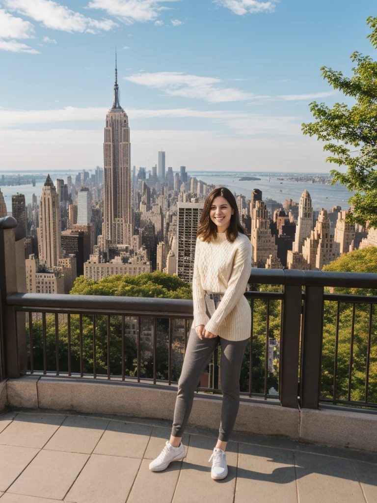her name is Elle, high quality, 1girl, ((20-year-old fit Caucasian woman)), ((20 years old)), ((fit)), ((pale skin)), short length straight dark hair , wearing Oversized Knit Sweater with Fringe + High-Waisted Leather Joggers, pose: standing, background: Describe the iconic skyline of Manhattan from the Top of the Rock observation deck, with panoramic views of the Empire State Building, Central Park, and the Hudson River.