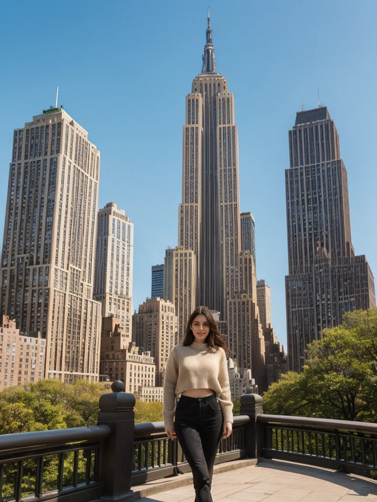 her name is Elle, high quality, 1girl, ((20-year-old fit Caucasian woman)), ((20 years old)), ((fit)), ((pale skin)), short length straight dark hair , wearing Oversized Knit Sweater with Fringe + High-Waisted Leather Joggers, pose: standing, background: Describe the iconic skyline of Manhattan from the Top of the Rock observation deck, with panoramic views of the Empire State Building, Central Park, and the Hudson River.
