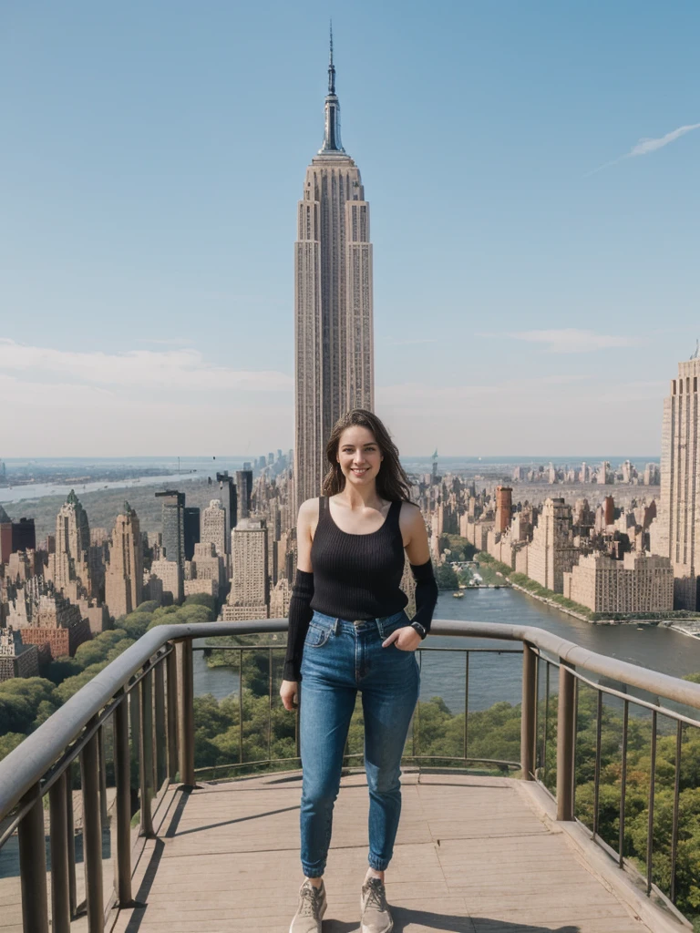 her name is Elle, high quality, 1girl, ((20-year-old fit Caucasian woman)), ((20 years old)), ((fit)), ((pale skin)), short length straight dark hair , wearing Oversized Knit Sweater with Fringe + High-Waisted Leather Joggers, pose: standing, background: Describe the iconic skyline of Manhattan from the Top of the Rock observation deck, with panoramic views of the Empire State Building, Central Park, and the Hudson River.