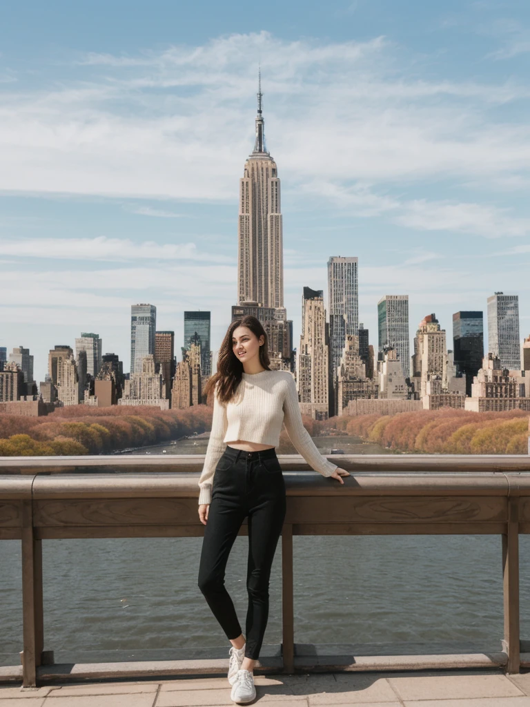 her name is Elle, high quality, 1girl, ((20-year-old fit Caucasian woman)), ((20 years old)), ((fit)), ((pale skin)), short length straight dark hair , wearing Oversized Knit Sweater with Fringe + High-Waisted Leather Joggers, pose: standing, background: Describe the iconic skyline of Manhattan from the Top of the Rock observation deck, with panoramic views of the Empire State Building, Central Park, and the Hudson River.