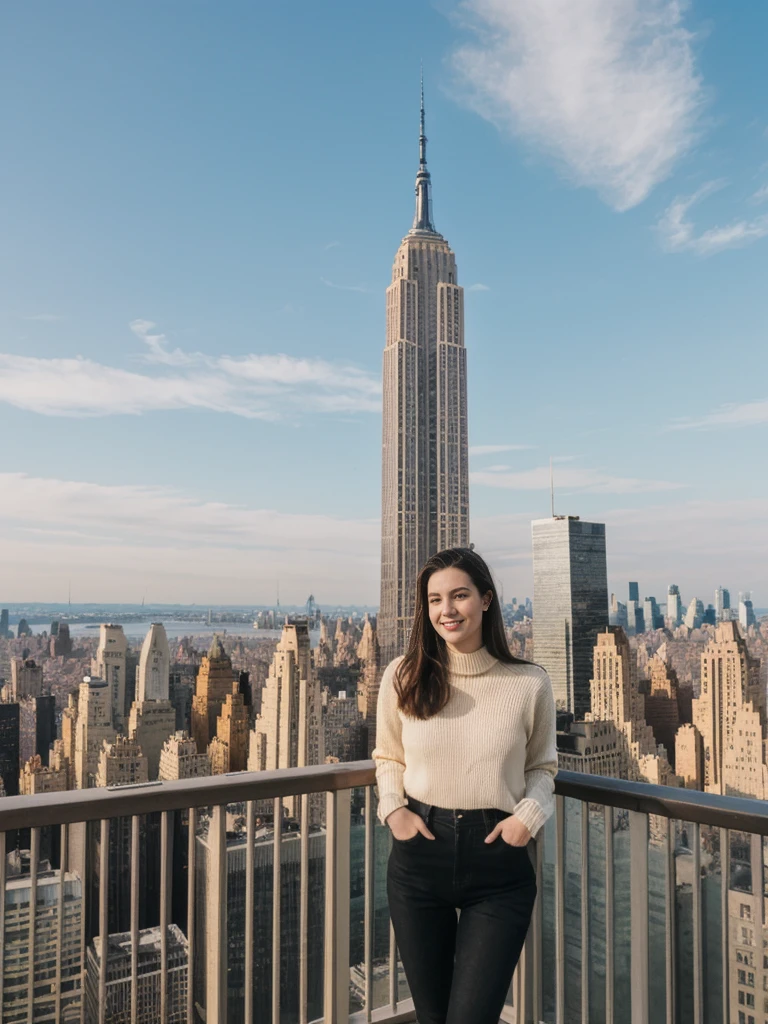 her name is Elle, high quality, 1girl, ((20-year-old fit Caucasian woman)), ((20 years old)), ((fit)), ((pale skin)), short length straight dark hair , wearing Oversized Knit Sweater with Fringe + High-Waisted Leather Joggers, pose: standing, background: Describe the iconic skyline of Manhattan from the Top of the Rock observation deck, with panoramic views of the Empire State Building, Central Park, and the Hudson River.