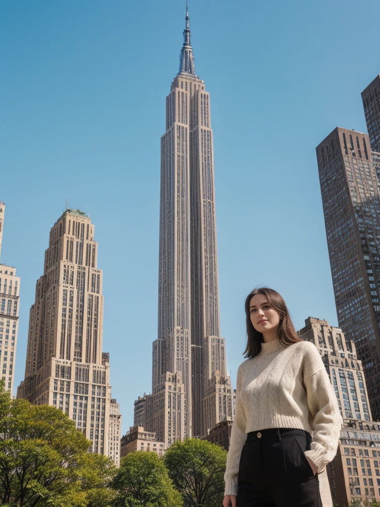 her name is Elle, high quality, 1girl, ((20-year-old fit Caucasian woman)), ((20 years old)), ((fit)), ((pale skin)), short length straight dark hair , wearing Oversized Knit Sweater with Fringe + High-Waisted Leather Joggers, pose: standing, background: Describe the iconic skyline of Manhattan from the Top of the Rock observation deck, with panoramic views of the Empire State Building, Central Park, and the Hudson River.