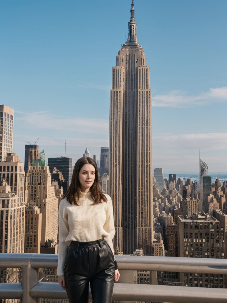 her name is Elle, high quality, 1girl, ((20-year-old fit Caucasian woman)), ((20 years old)), ((fit)), ((pale skin)), short length straight dark hair , wearing Oversized Knit Sweater with Fringe + High-Waisted Leather Joggers, pose: standing, background: Describe the iconic skyline of Manhattan from the Top of the Rock observation deck, with panoramic views of the Empire State Building, Central Park, and the Hudson River.