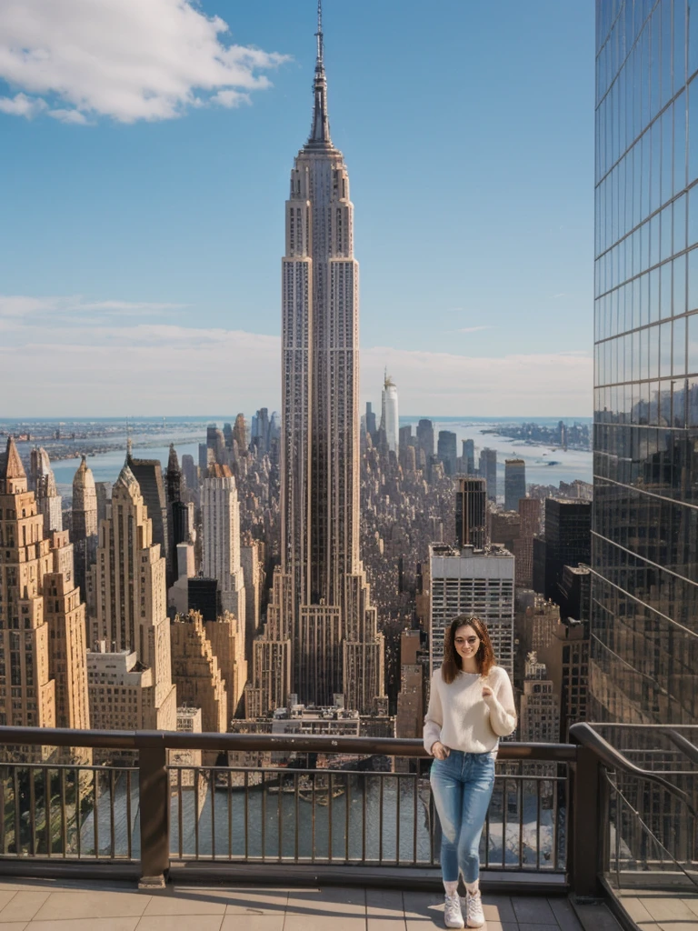 her name is Elle, high quality, 1girl, ((20-year-old fit Caucasian woman)), ((20 years old)), ((fit)), ((pale skin)), short length straight dark hair , wearing Oversized Knit Sweater with Fringe + High-Waisted Leather Joggers, pose: standing, background: Describe the iconic skyline of Manhattan from the Top of the Rock observation deck, with panoramic views of the Empire State Building, Central Park, and the Hudson River.