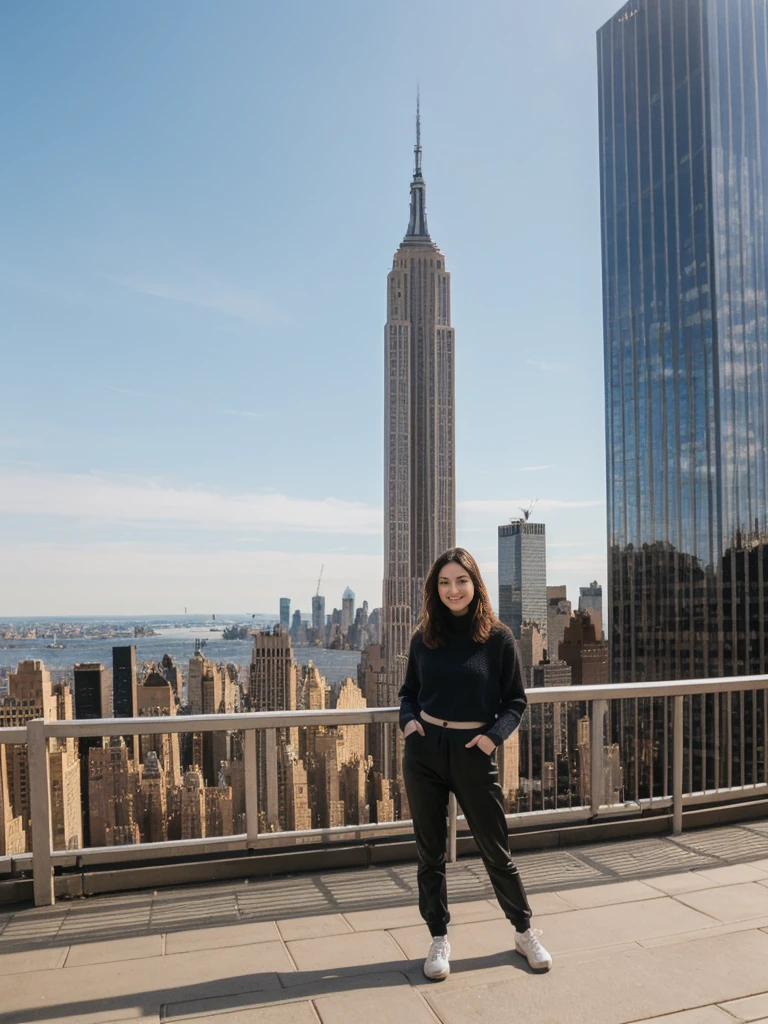 her name is Elle, high quality, 1girl, ((20-year-old fit Caucasian woman)), ((20 years old)), ((fit)), ((pale skin)), short length straight dark hair , wearing Oversized Knit Sweater with Fringe + High-Waisted Leather Joggers, pose: standing, background: Describe the iconic skyline of Manhattan from the Top of the Rock observation deck, with panoramic views of the Empire State Building, Central Park, and the Hudson River.