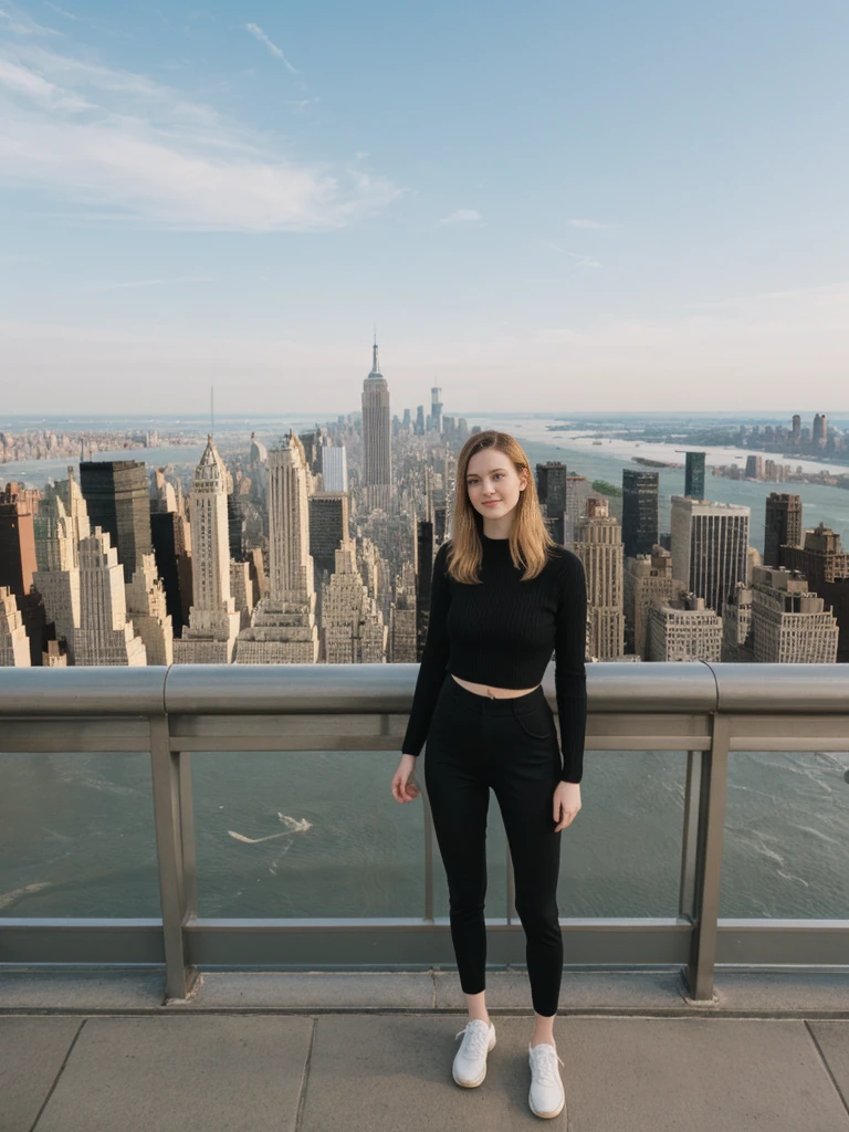 her name is Elle, high quality, 1girl, ((20-year-old fit Caucasian woman)), ((20 years old)), ((fit)), ((pale skin)), short length straight dark hair , wearing Oversized Knit Sweater with Fringe + High-Waisted Leather Joggers, pose: standing, background: Describe the iconic skyline of Manhattan from the Top of the Rock observation deck, with panoramic views of the Empire State Building, Central Park, and the Hudson River.