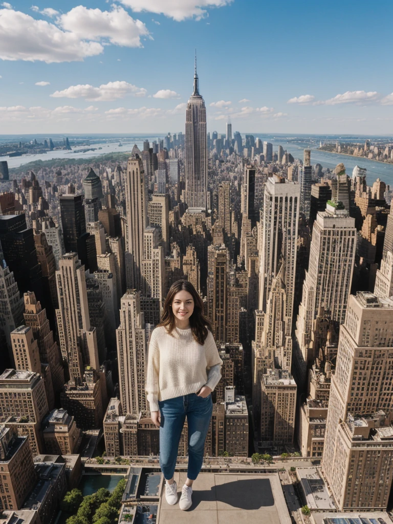her name is Elle, high quality, 1girl, ((20-year-old fit Caucasian woman)), ((20 years old)), ((fit)), ((pale skin)), short length straight dark hair , wearing Oversized Knit Sweater with Fringe + High-Waisted Leather Joggers, pose: standing, background: Describe the iconic skyline of Manhattan from the Top of the Rock observation deck, with panoramic views of the Empire State Building, Central Park, and the Hudson River.