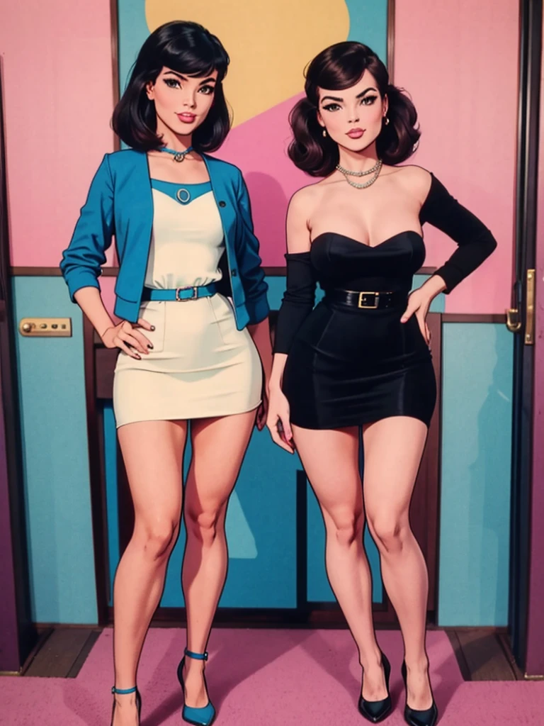 two fashionable young women posing for a picture, retro 60s girls fashion