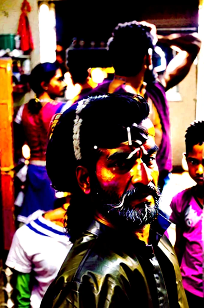 make a cinematic, realistic image of a indian man, wearing casual clothes, little rounded face, and Shaving his Messy hair head and big 80 months old beard with a shaving blade, and scissors, behind him in a background shocking family giving their reactions, he is standing and looking straight, 4k, aspect ratio 16:9