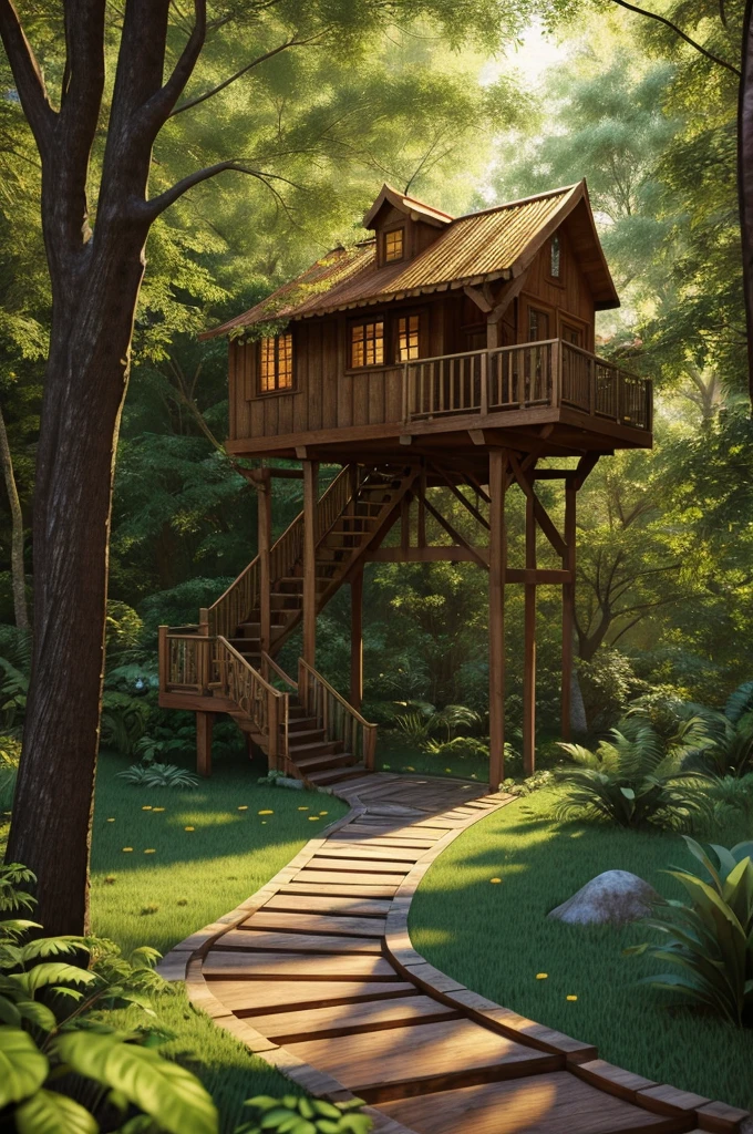 A stunningly real photograph of a young, adorable, cinema hero and heroine,tall Indian couple, wife is wearing red saree, husband wears yellow shirt and jeans, walking hand-in-hand in a lush, green forest. Their joyful expressions and comfortable body language convey the warmth of their connection. In the background, a 3D render of a tree house nestled in the canopy adds a touch of whimsical charm. The rustic, wooden construction and vibrant blooming flowers on the balcony create a cozy and inviting atmosphere. The winding stone path leading to the wooden door further enhances the enchanting, serene ambiance, as the golden sunlight filters through the leaves, casting dappled shadows on the forest floor., 3d render