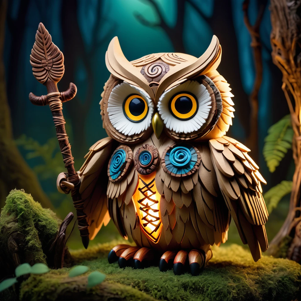 (knitted toy voodoo doll:1.9), (Voodoo Owl Familiar:1.8), (Clothing: ancient robes with feather patterns:1.0), (Accessories: wise staff, scrolls of knowledge, enchanted spectacles:1.2), (Background: mystical forest with moonlit glade, ancient trees, and shadowy figures:1.2), (full body:1.0), best quality, masterpiece, detailed soft oil painting, detailed background, dramatic cinematic lighting, soft edge lighting, professional, dramatic lighting, hard edge lighting, ultra quality, 4k, masterpiece, best quality, 8k, ultra high definition, high resolution, extremely detailed