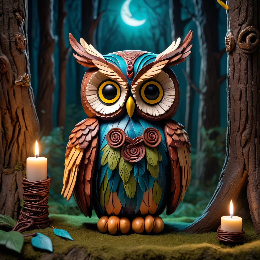 (knitted toy voodoo doll:1.9), (Voodoo Owl Familiar:1.8), (Clothing: ancient robes with feather patterns:1.0), (Accessories: wise staff, scrolls of knowledge, enchanted spectacles:1.2), (Background: mystical forest with moonlit glade, ancient trees, and shadowy figures:1.2), (full body:1.0), best quality, masterpiece, detailed soft oil painting, detailed background, dramatic cinematic lighting, soft edge lighting, professional, dramatic lighting, hard edge lighting, ultra quality, 4k, masterpiece, best quality, 8k, ultra high definition, high resolution, extremely detailed