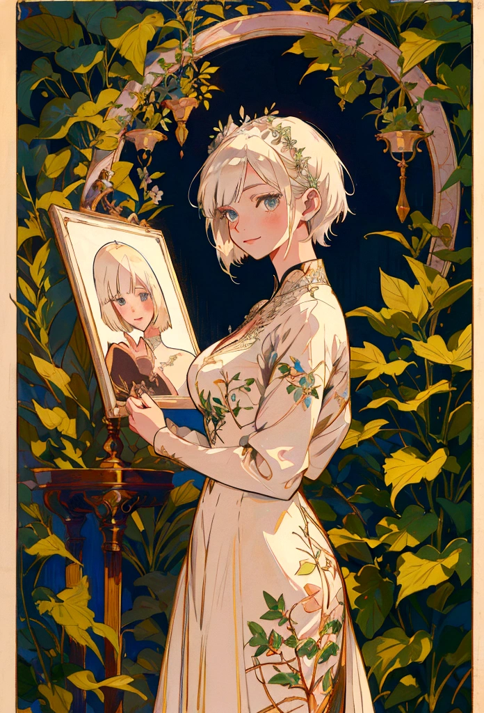 Anime Style, Kind Madame, Short Hair, Platinum Blonde, lady, She is wearing a beautiful embroidered silk dress., A kind smile, Elegant, Ultra-detailed botanical references, Maximalist Botany, beautifully、Aesthetically beautiful illustration masterpiece, Topaz AI Post Editing