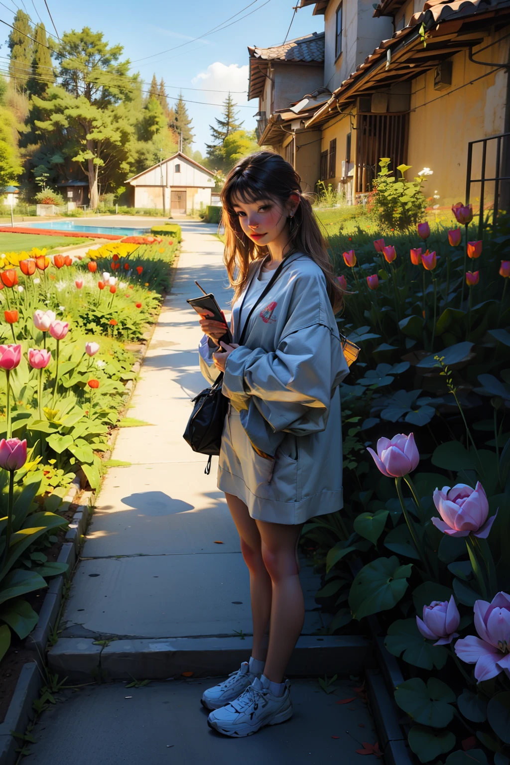 image show a sunset and tulip garden and a girl