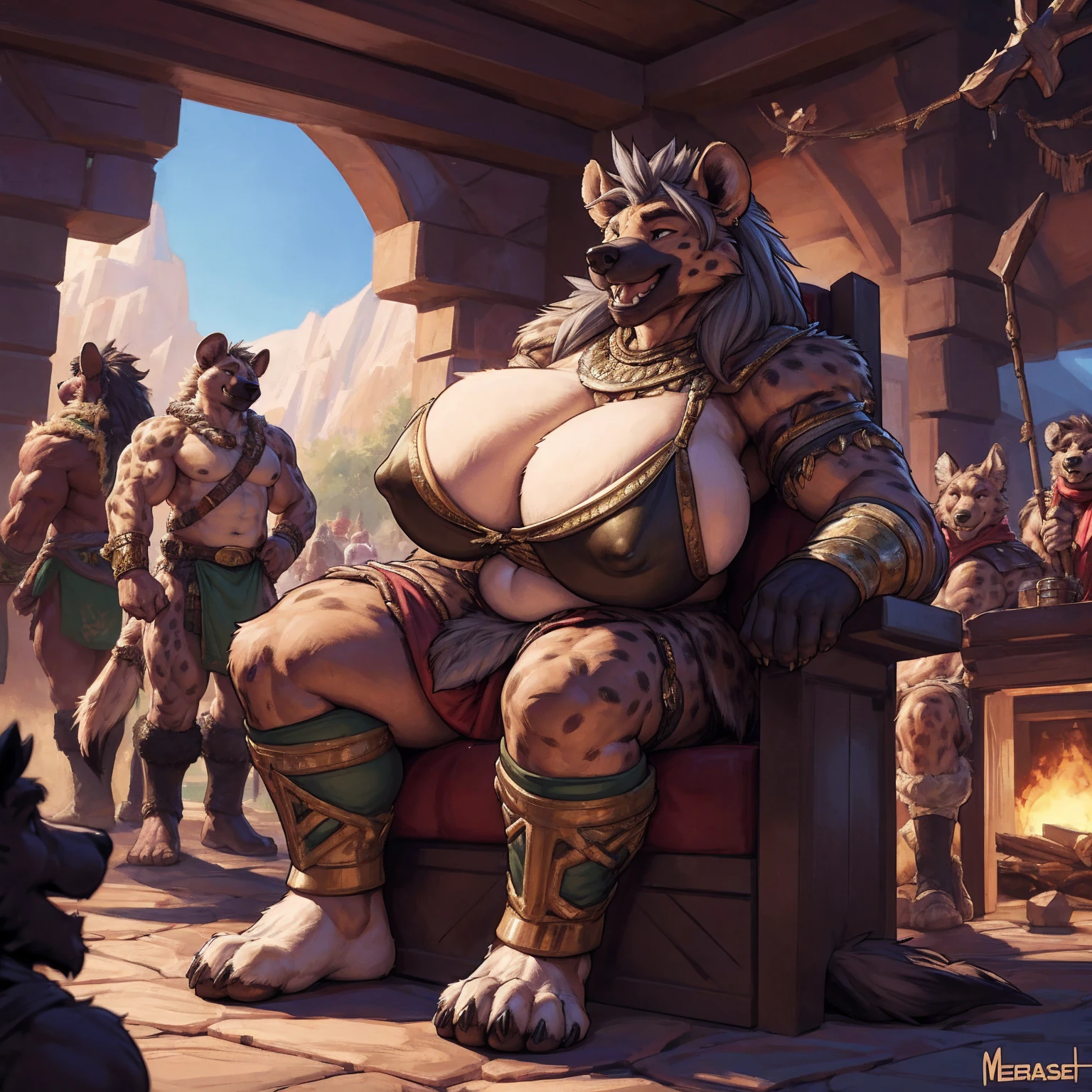 uploaded to e621.net, masterpiece, 8k, hyena woman, gray hair, matriarch, soft figure, heavy, chubby, barbarian outfit, brown leather outfit, beige fur, spots,  paws, wooden throne, seated, (:1.2), large ,  outline, laughing, primitive keep, stone room, treasures, (crowded:1.3), (figures in background:1.5), (muscular guards:1.2), longhouse, by darkgem, by meesh, by bng, by duase, 