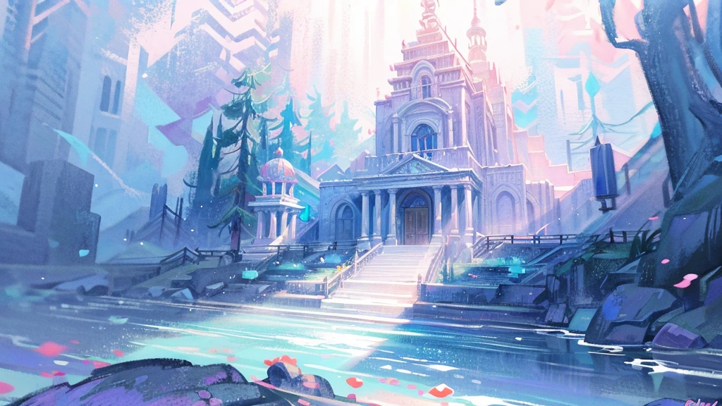 there is a picture of a cartoon scene with a giant bubble, Colorful biomorphic temple, Symmetrical fantasy landscape, water temple, challenging rainbow environment, colorful concept art, Temple of Jellyfish, detailed dream landscape, background art work, opalescent palace, A huge floating castle, Pastel overflow, fantasy watercolor, The Ethereal Realm, background art, temple background