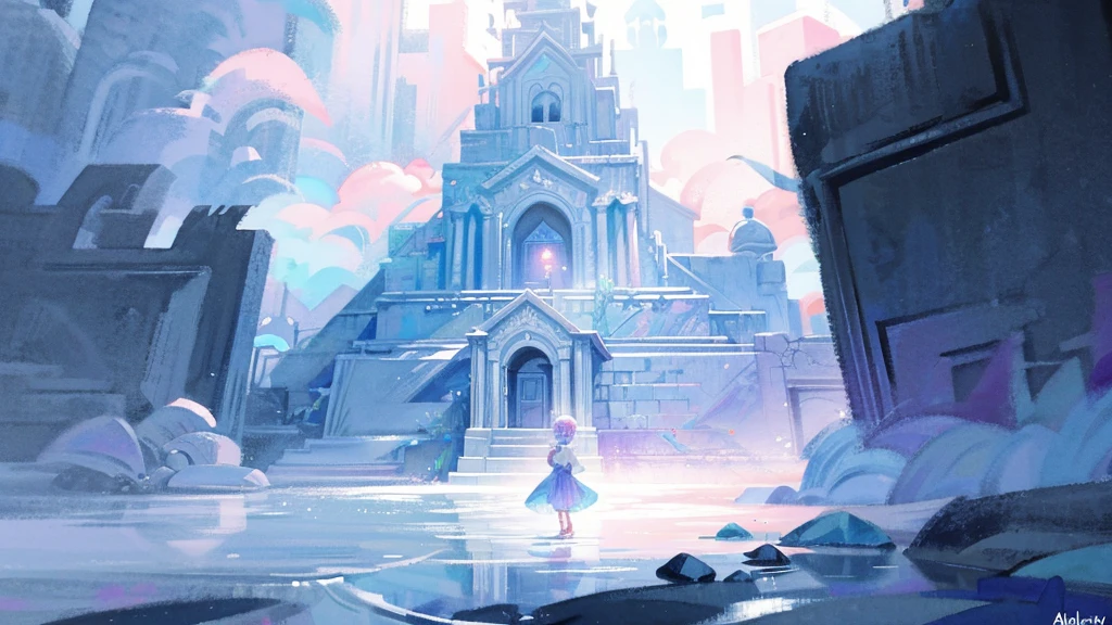 there is a picture of a cartoon scene with a giant bubble, Colorful biomorphic temple, Symmetrical fantasy landscape, water temple, challenging rainbow environment, colorful concept art, Temple of Jellyfish, detailed dream landscape, background art work, opalescent palace, A huge floating castle, Pastel overflow, fantasy watercolor, The Ethereal Realm, background art, temple background