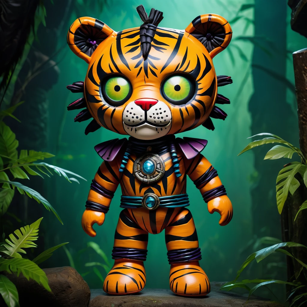 (knitted toy voodoo doll:1.9), (Voodoo Tiger Familiar:1.8), (Clothing: armored suit with tiger stripes:1.0), (Accessories: fierce sword, warrior's shield, battle scars:1.2), (Background: dense jungle with ancient ruins, glowing eyes in the shadows, and eerie mist:1.2), (full body:1.0), best quality, masterpiece, detailed soft oil painting, detailed background, dramatic cinematic lighting, soft edge lighting, professional, dramatic lighting, hard edge lighting, ultra quality, 4k, masterpiece, best quality, 8k, ultra high definition, high resolution, extremely detailed