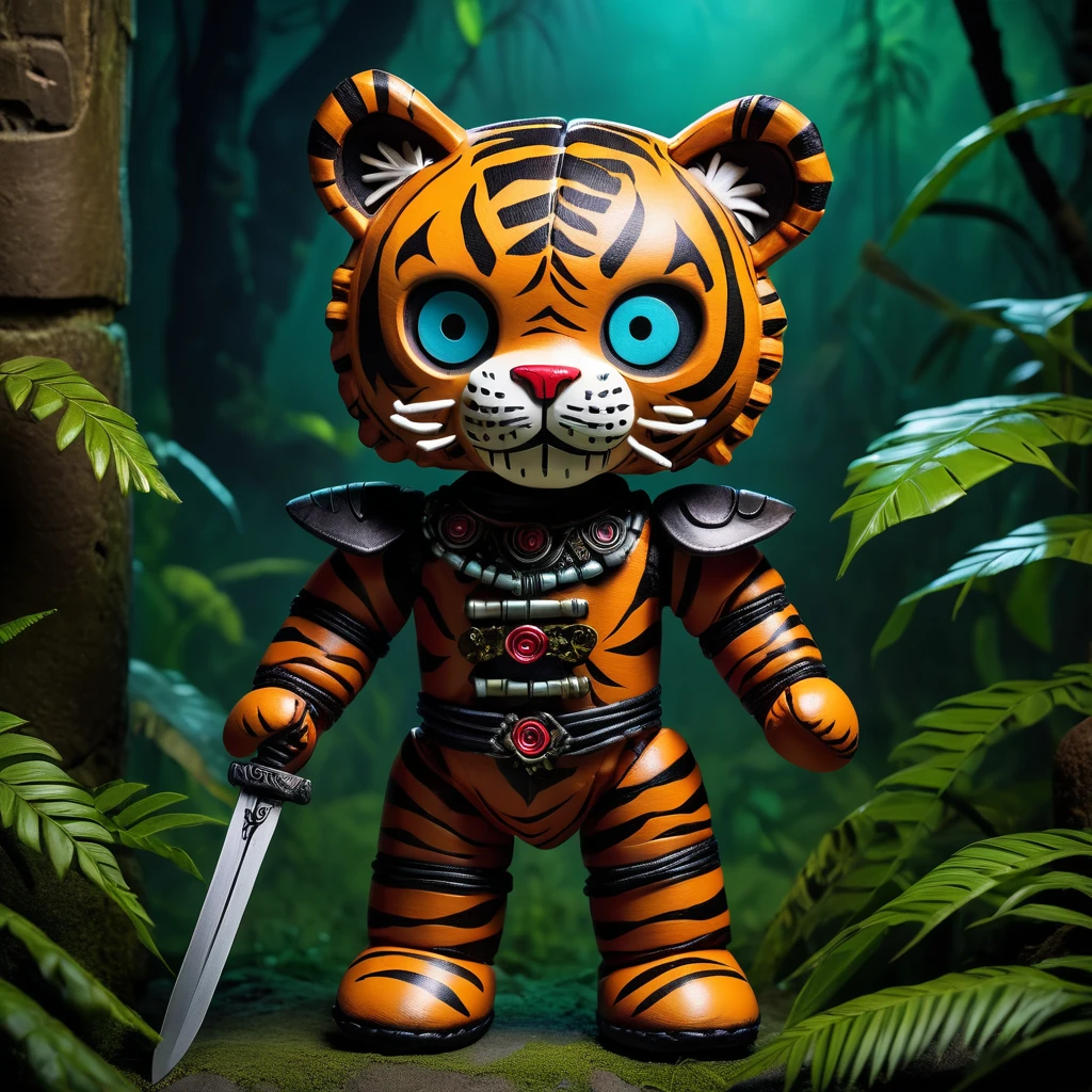 (knitted toy voodoo doll:1.9), (Voodoo Tiger Familiar:1.8), (Clothing: armored suit with tiger stripes:1.0), (Accessories: fierce sword, warrior's shield, battle scars:1.2), (Background: dense jungle with ancient ruins, glowing eyes in the shadows, and eerie mist:1.2), (full body:1.0), best quality, masterpiece, detailed soft oil painting, detailed background, dramatic cinematic lighting, soft edge lighting, professional, dramatic lighting, hard edge lighting, ultra quality, 4k, masterpiece, best quality, 8k, ultra high definition, high resolution, extremely detailed