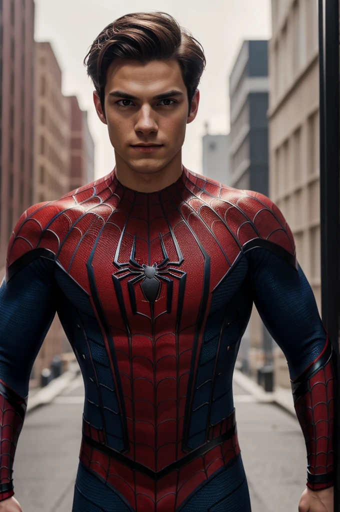 Photo of spider man, no mask, 20s, handsome, detailed face, looking at camera, Portrait, 8k uh, High quality