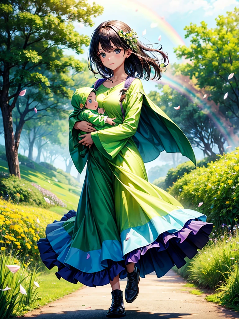 Highest quality,Highest Resolution,A woman walking along a green path with falling petals, holding a baby,Rainbow on background,