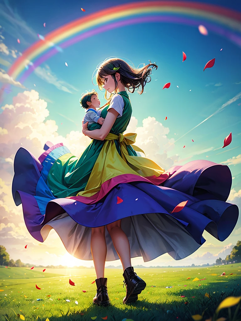 Highest quality,Highest Resolution,A woman walking along a green path with falling petals, holding a baby,Rainbow on background,